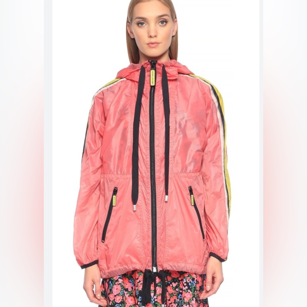 Marc Jacobs Womans Pink Hooded Raincoat with Contrast Stripes Sz Medium